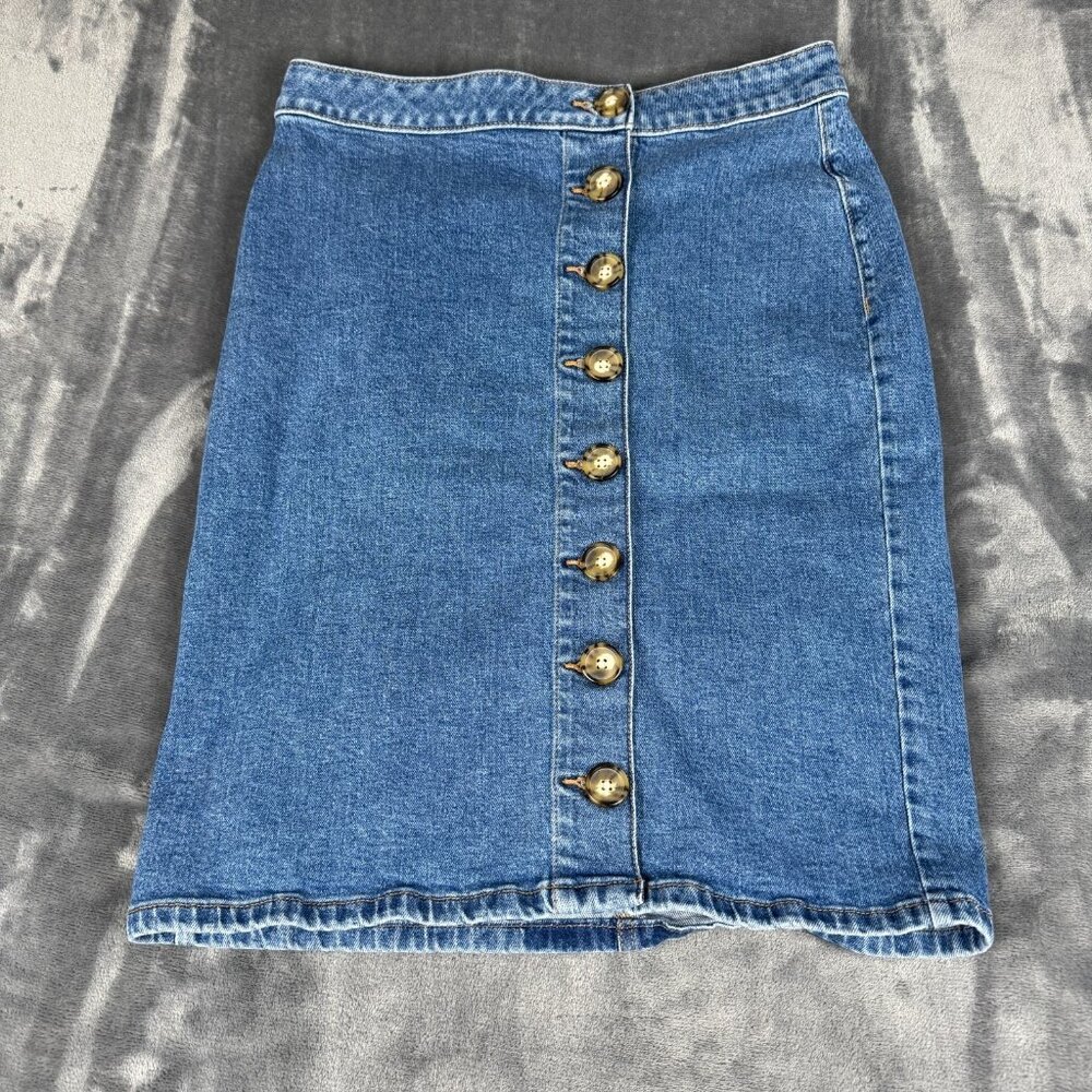 M Jeans Maurice 70's Style Denim Jean Skirt Sz 14 Back Pockets Button Down Front